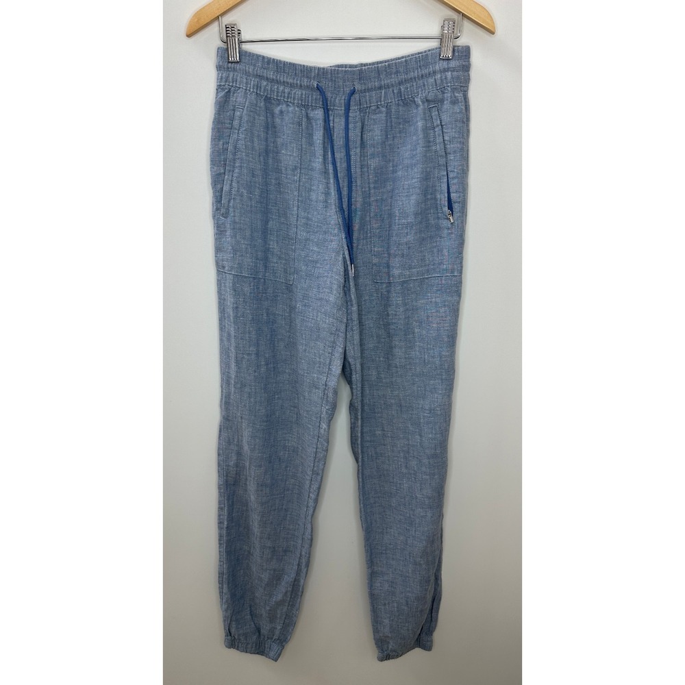 Athleta Retreat Linen Jogger Pants Chambray Blue Resort Beach Zip Pockets 4 Tall - Picture 2 of 15